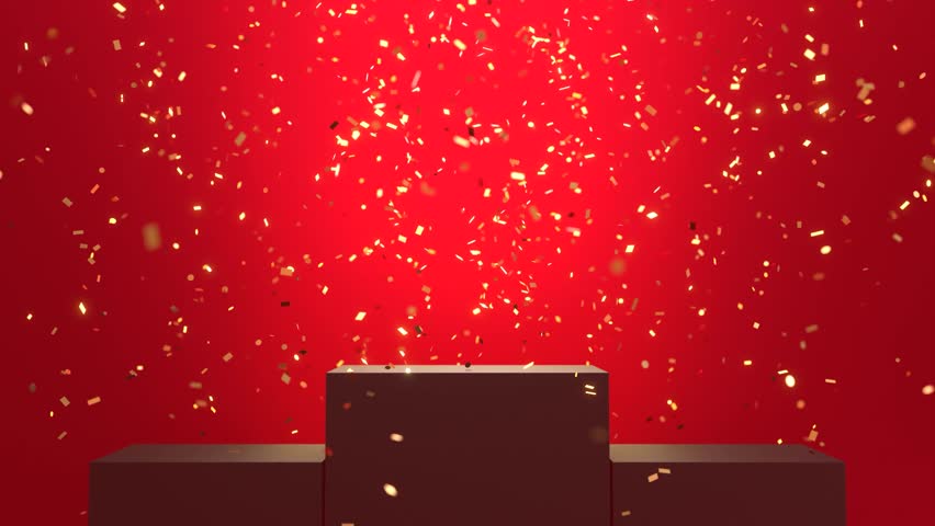 Looping video of winner podium with falling confetti, Champion award, 4K footage.