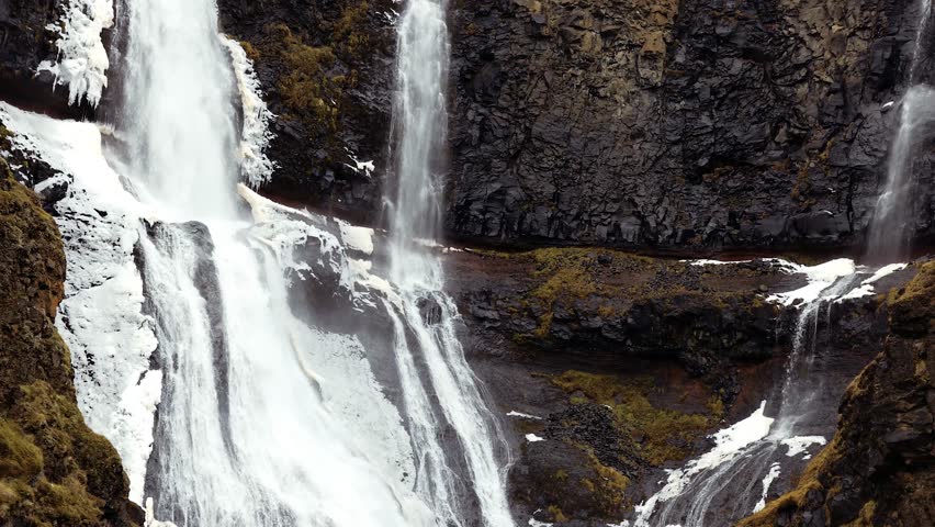 A big waterfall in south Iceland during October with some snow and ice next to it. Filmed with the Canon R5
