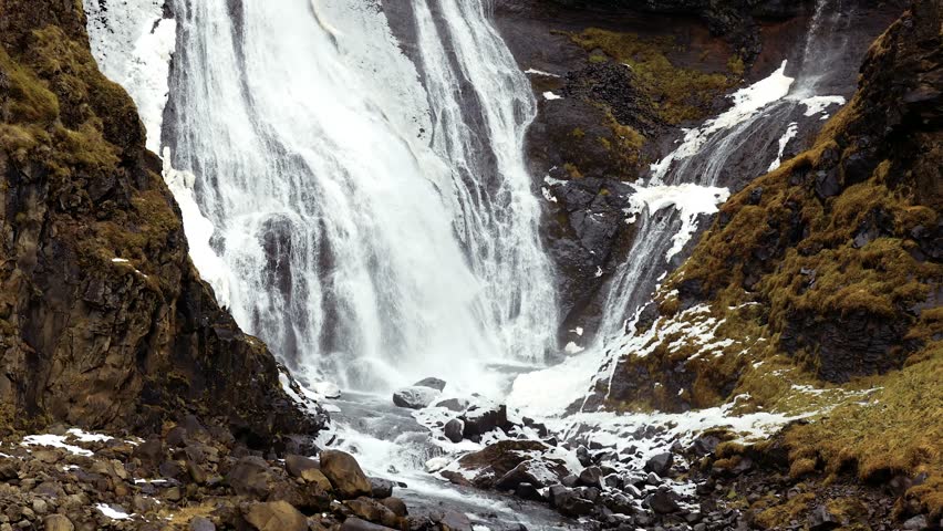 A big waterfall in the south of Iceland during October with snow and ice next to it. Filmed with the Canon R5