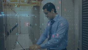 Animation of data processing with cyberattack warning over biracial businessman in server room. Global technology, computing, online security and digital interface concept digitally generated video. - Powered by Shutterstock - Get 15% off with code: PIKWIZARD15