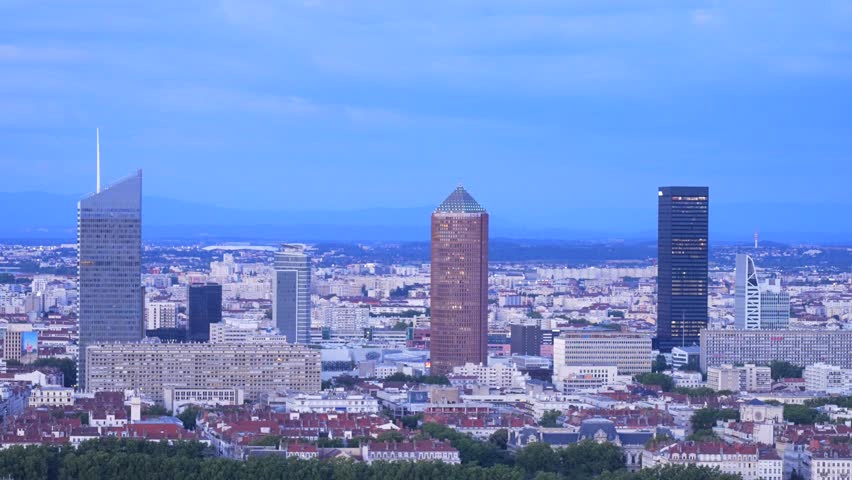 View of the Skyscrapers in the Part-Dieu District in the evening, Lyon, France
