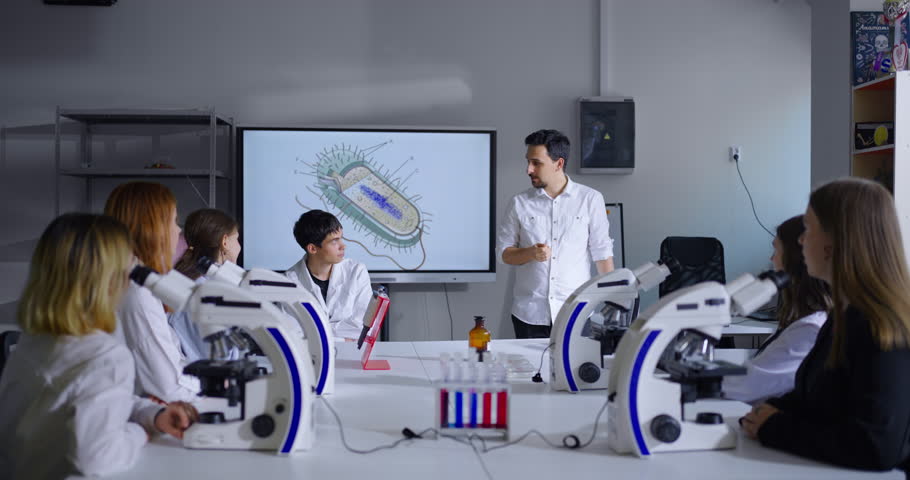 Teacher And School Students In Classroom, Pupils Studying Biology, Tutor Explaining Cell Structure