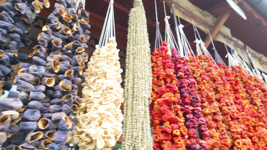 Dried eggplants and peppers hanging on ropes, local bazaar, Gaziantep