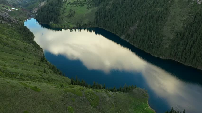 A drone view over Kolsai lakes National Natural Park in Kazakhstan
