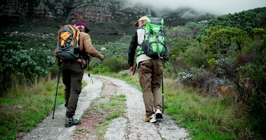 Backpack, hiking and friends fist bump in nature for travel, vacation or winter adventure. Senior men, back or trekking pole with hand gesture for support, team or success outdoor on path by mountain