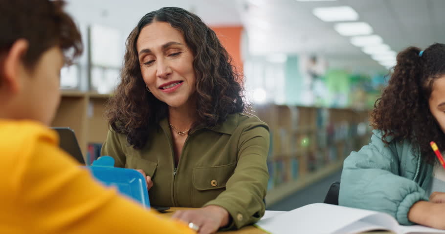 Teacher, child and high five in classroom, happy and support for progress, learning and celebration. Woman, kids and cheers with success, solution or education with motivation, trust and development