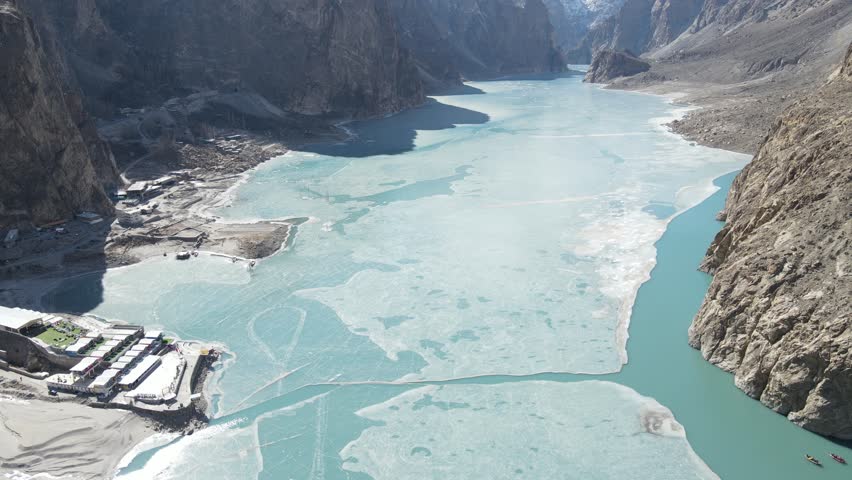 An aerial of Attabad lake in Hunza valley, Gilgit Baltistan, Pakistan in winter.