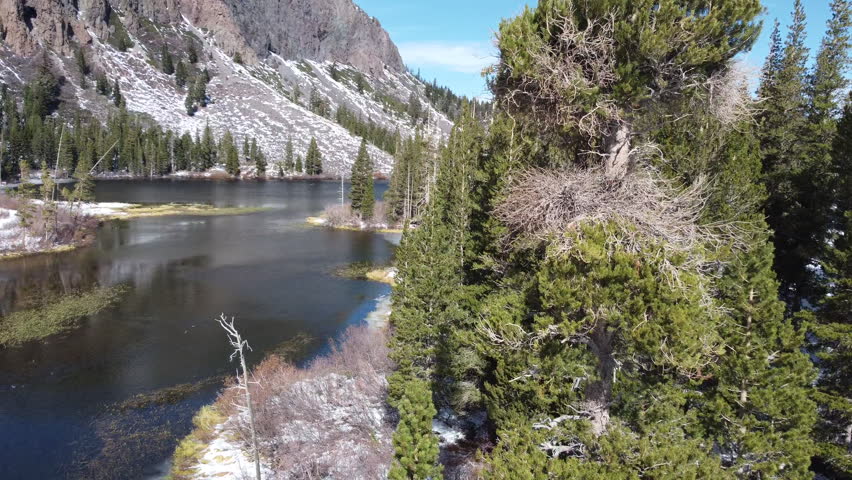 Drone footage flying over Lakes Basin towards mountain side in Northern California's Sierra Nevada mountains with bridge