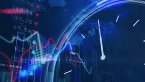 Animation of financial data processing and clock over world map. Global finance, business, connections, computing and data processing concept digitally generated video. - Powered by Shutterstock - Get 15% off with code: PIKWIZARD15