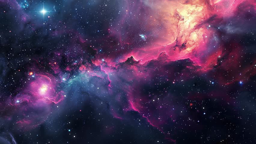 Flying Through The Stars And Nebula In Space. Galaxy exploration through outer space towards glowing milky way galaxy.