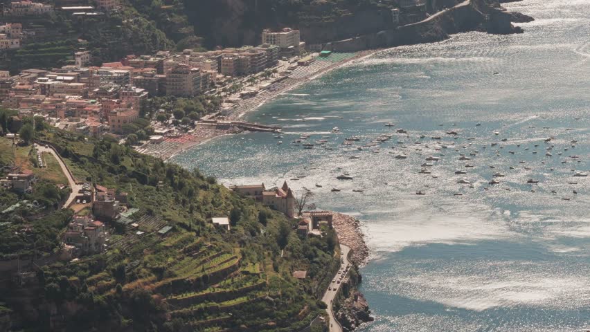 Morning light hits the seaside towns along the Amalfi Coast in Italy.