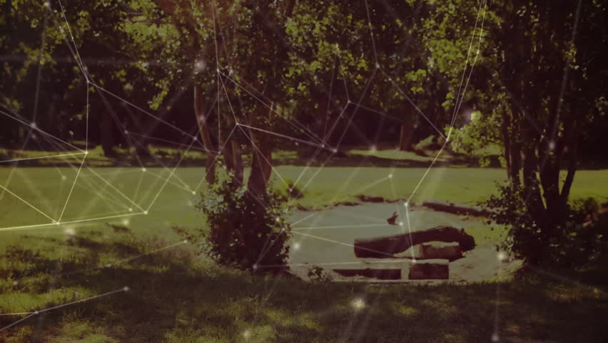 Animation of network of connections over caucasian couple in love forming heart shape with hands. Global love, romance, connections, computing and data processing concept digitally generated video