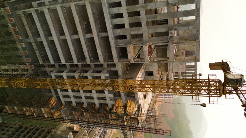 Vertical aerial view of a crane and construction site in the Boten Special Economic Zone, Laos, near the China border. Concept of rapid urban development and economic growth in a cross-border region.