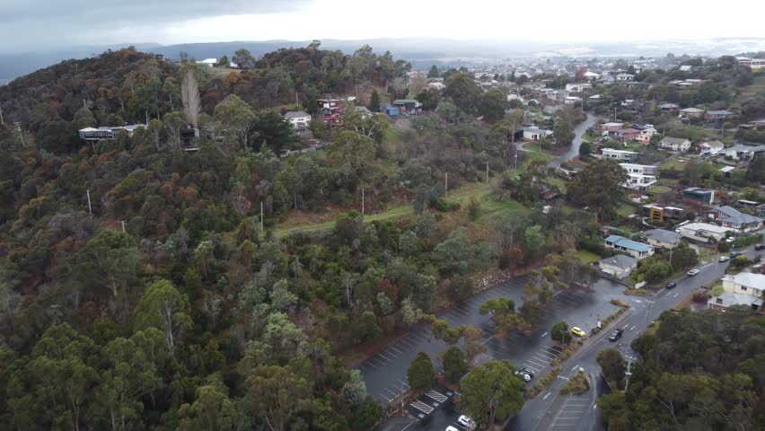 Aerial view of a small mountain town in Tasmania, Australia
