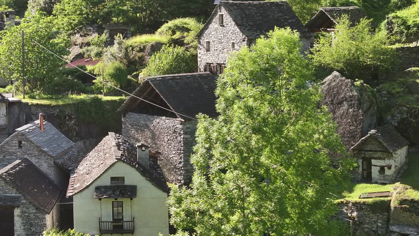 Drone view of the picturesque Vallemaggia valley located in the canton of Ticino (Tessin), Switzerland, with its beautiful and ancient buildings.