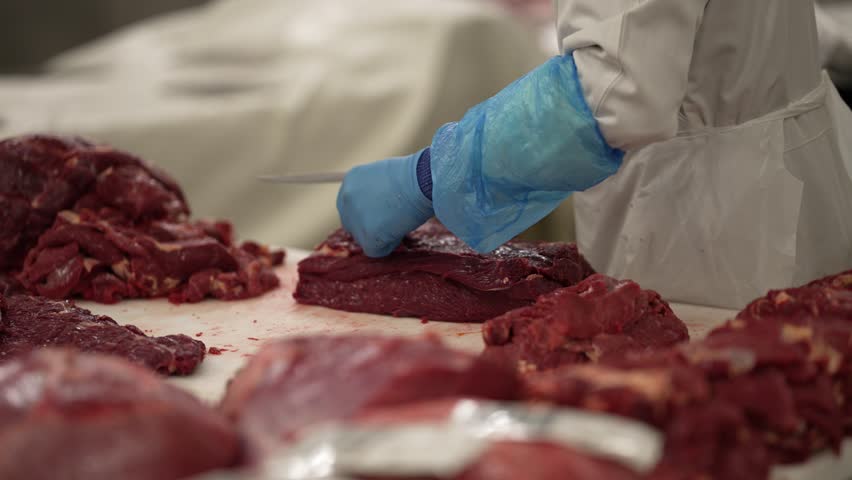 Skirt steak being trimmed by worker with a large knife at a meat processing plant, Close up shot