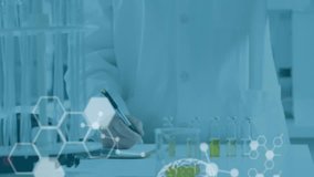 Animation of scientific data processing and human brains over caucasian male scientist in laboratory. Global science, connections, computing and data processing concept digitally generated video. - Powered by Shutterstock - Get 15% off with code: PIKWIZARD15