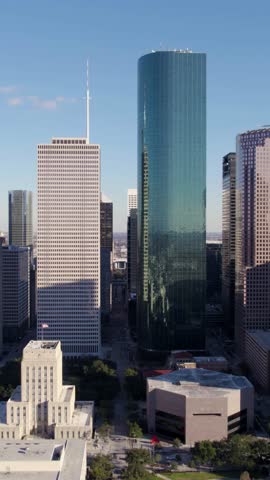 Vertical Drone Shot, Houston City Hall and Downtown Skyscrapers, Texas USA