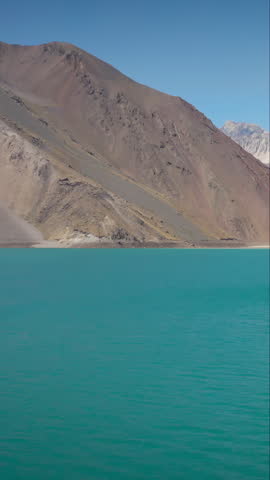 Aerial shots of Maipo reservoir and Yeso Natural Park, Santiago, Chile in vertical