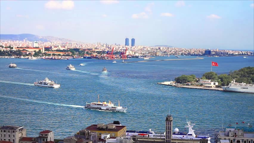 View from Galata Tower to Bosporus. Looking over Karakoy Harbor to the Anatolian