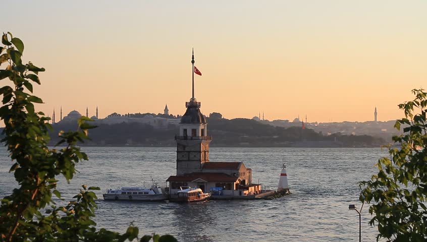 Maidens Tower (Kiz Kulesi). In the distance Old Istanbul, Hagia Sophia and