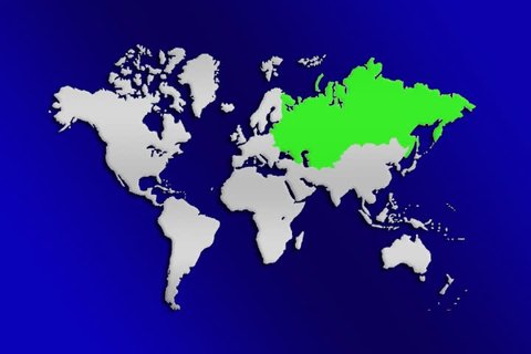 Russia blinking green - world map over blue background showing Russia blinking in green