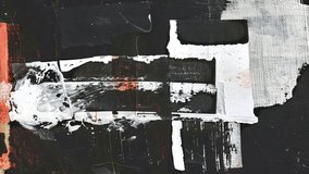 Abstract grunge background with layered geometric blocks in black, white, and orange, distressed textures, paint splatters and rough industrial style animated surface - Powered by Shutterstock - Get 15% off with code: PIKWIZARD15