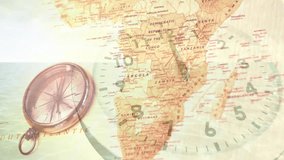 Animation of clock moving over world map with compass. Time, travel and digital interface concept digitally generated video. - Powered by Shutterstock - Get 15% off with code: PIKWIZARD15