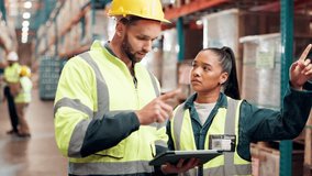 Delivery, tablet or people planning in warehouse for logistics to check safety, manufacturing or order. Inventory, help or teamwork on touchscreen app for supply chain, inspection or stock in factory - Powered by Shutterstock - Get 15% off with code: PIKWIZARD15