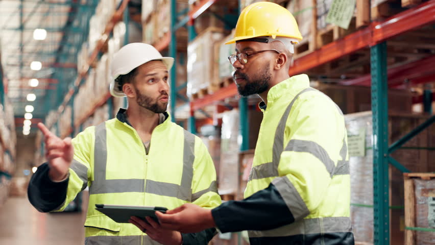 Logistics, discussion and men in warehouse with tablet for online schedule, inspection or distribution management. Teamwork, planning and people in factory with digital app for supply chain checklist - Powered by Shutterstock - Get 15% off with code: PIKWIZARD15