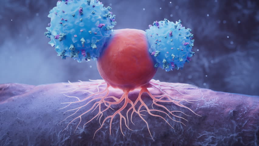 Biological lymphocytes and cancer cell, 3d rendering. Motion graphic.
