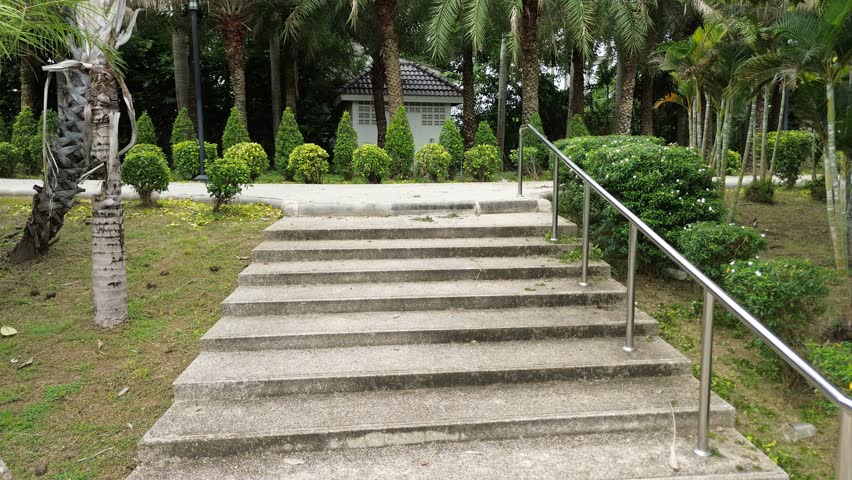  Serene Pathway With Stairs Leading to Tranquil Gardens in Early Morning