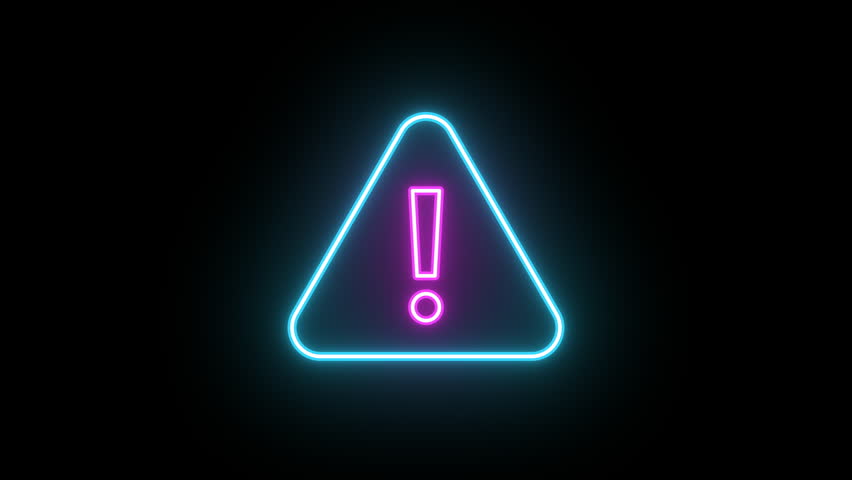 Neon warning icon, color shift animation. Glowing neon exclamation mark, looped color animation. Caution signal, alert, urgent attention, error notice, danger, important message. Blue, magenta color
