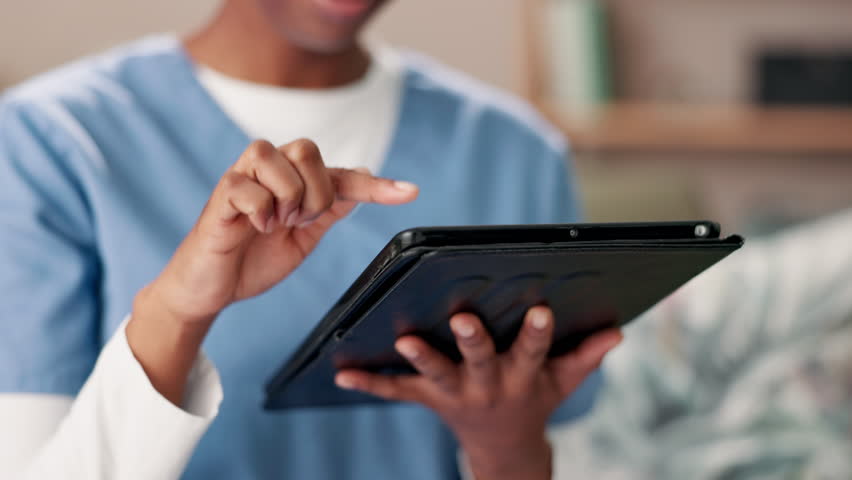 Caregiver, woman and hands with typing on tablet for patient schedule and telehealth at retirement home. Female person, nurse and internet with research on elderly care, medical support and help - Powered by Shutterstock - Get 15% off with code: PIKWIZARD15