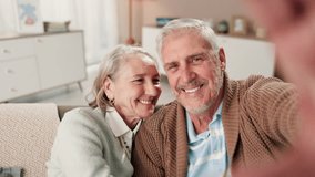 Senior couple, face and selfie for happy memory, photo album and bonding hug in home. Portrait smile, old man and woman with profile picture on sofa for love relationship, retirement and social media - Powered by Shutterstock - Get 15% off with code: PIKWIZARD15