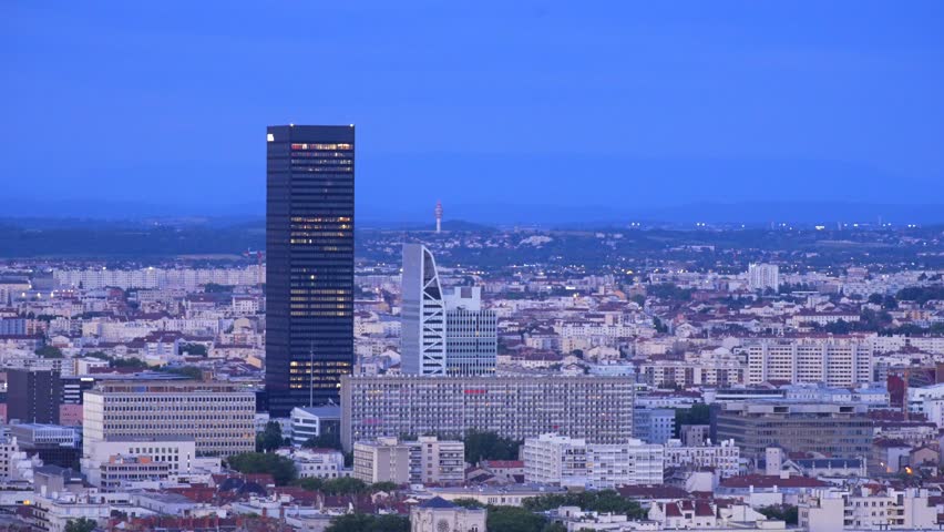 View of the Skyscrapers in the Part-Dieu District in the evening, Lyon, France