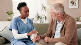 Senior, man and caregiver with support at house for consultation, test results and medical news of healthcare. Thinking, patient and nurse for comfort, empathy and retirement crisis of wellness help - Powered by Shutterstock - Get 15% off with code: PIKWIZARD15