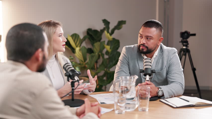 Podcast, presenter and people with mic in interview for recording, conversation and guest on talk show. Discussion, info and host with broadcast for celebrity news, content creation or live streaming