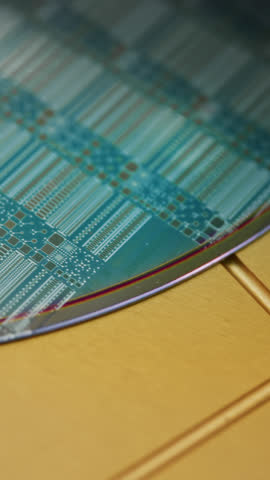 Electronic diagnostic machine. Silicon Wafer at Advanced Semiconductor Foundry, that produces Computer Chips. Computer Chip Manufacturing at Fab or Foundry. Photolithography Process, close up
