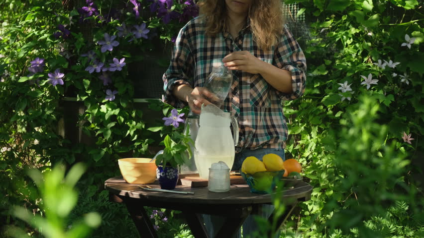 Summer refreshing drink. Preparing homemade lemonade in garden. Woman mixing lemon juice with water.