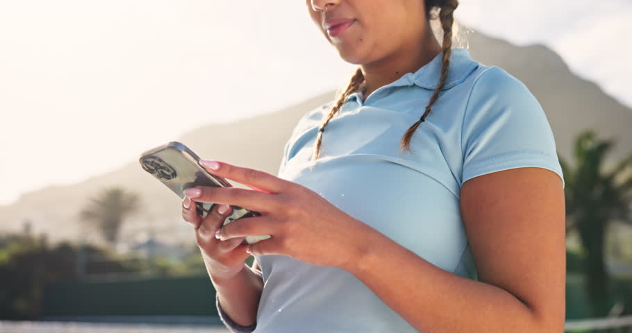 Woman, sport and laugh with smartphone as tennis player on social media and engage with fans in Brazil. Female person, outdoor and smile with networking or communication with memes or funny videos