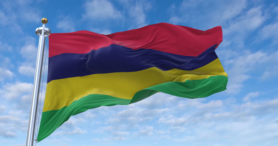 Mauritius flag with flagpole waving in wind, rolling clouds background looping, 4K video (Perfect Loop)