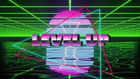 Level up text animation over neon geometric shapes and grid background. Tech, futuristic, gaming, retro, 80s, digital - Powered by Shutterstock - Get 15% off with code: PIKWIZARD15
