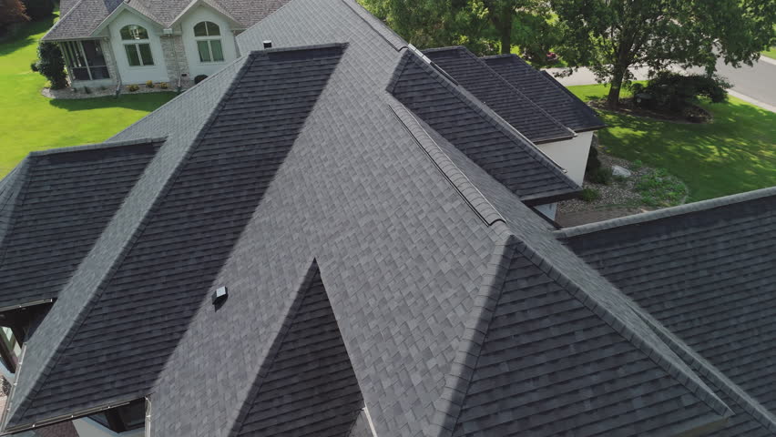 A new roof is installed on a private house. Aerial view
