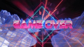 Game Over text over neon geometric shapes and futuristic landscape in animation. Gaming, digital art, futurism, cyber, technology, retro - Powered by Shutterstock - Get 15% off with code: PIKWIZARD15