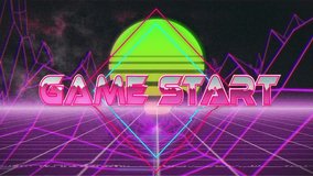 Game Start text over neon geometric shapes and retro-futuristic grid animation. gaming, digital, technology, 80s, cyber, design - Powered by Shutterstock - Get 15% off with code: PIKWIZARD15