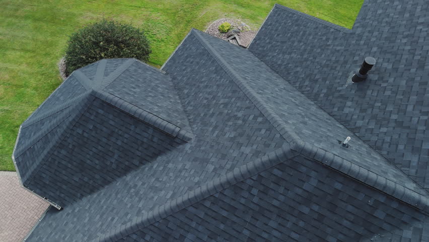 Aerial view of new roof is installed on a private house