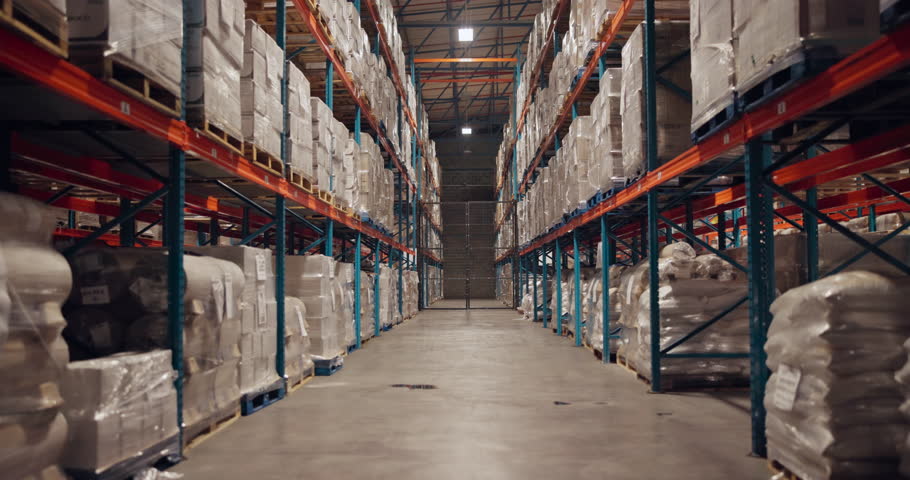 Warehouse, interior and stock on shelf for storage, freight or retail logistics at plant. Empty factory, goods or product package for inventory, shipping or industrial supply chain for cargo delivery