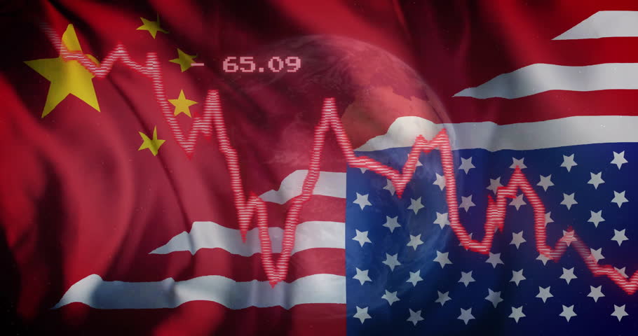Stock market decline animation over Chinese and American flags. Finance, economy, stocks, investment, trading, downturn