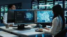 Team of engineers using AI tech on computer to do checkup in server room. Data center workers using artificial intelligence technology to process datasets for training, camera A - Powered by Shutterstock - Get 15% off with code: PIKWIZARD15